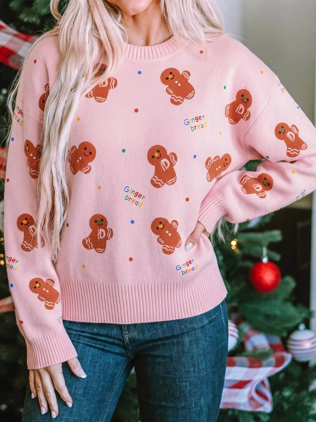 Blush Pink Gingerbread print crew neck knit sweater