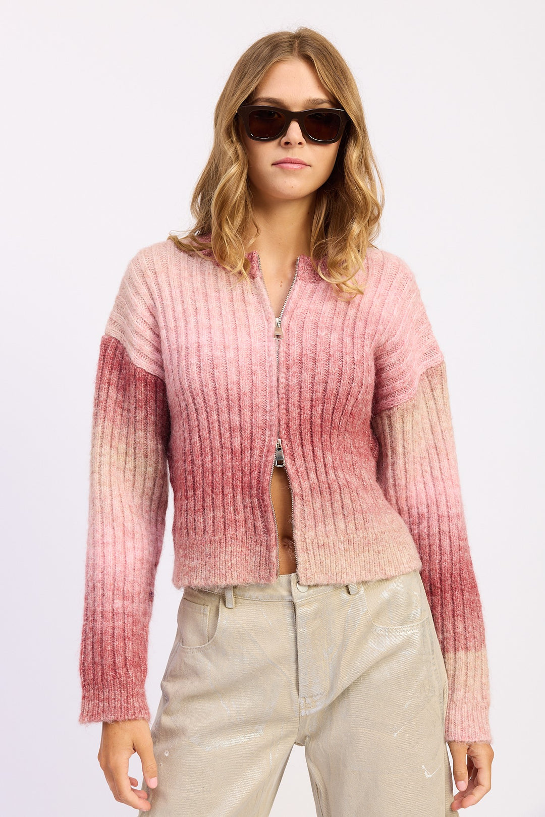 Ombre ribbed knit cardigan with double zipper - Pink