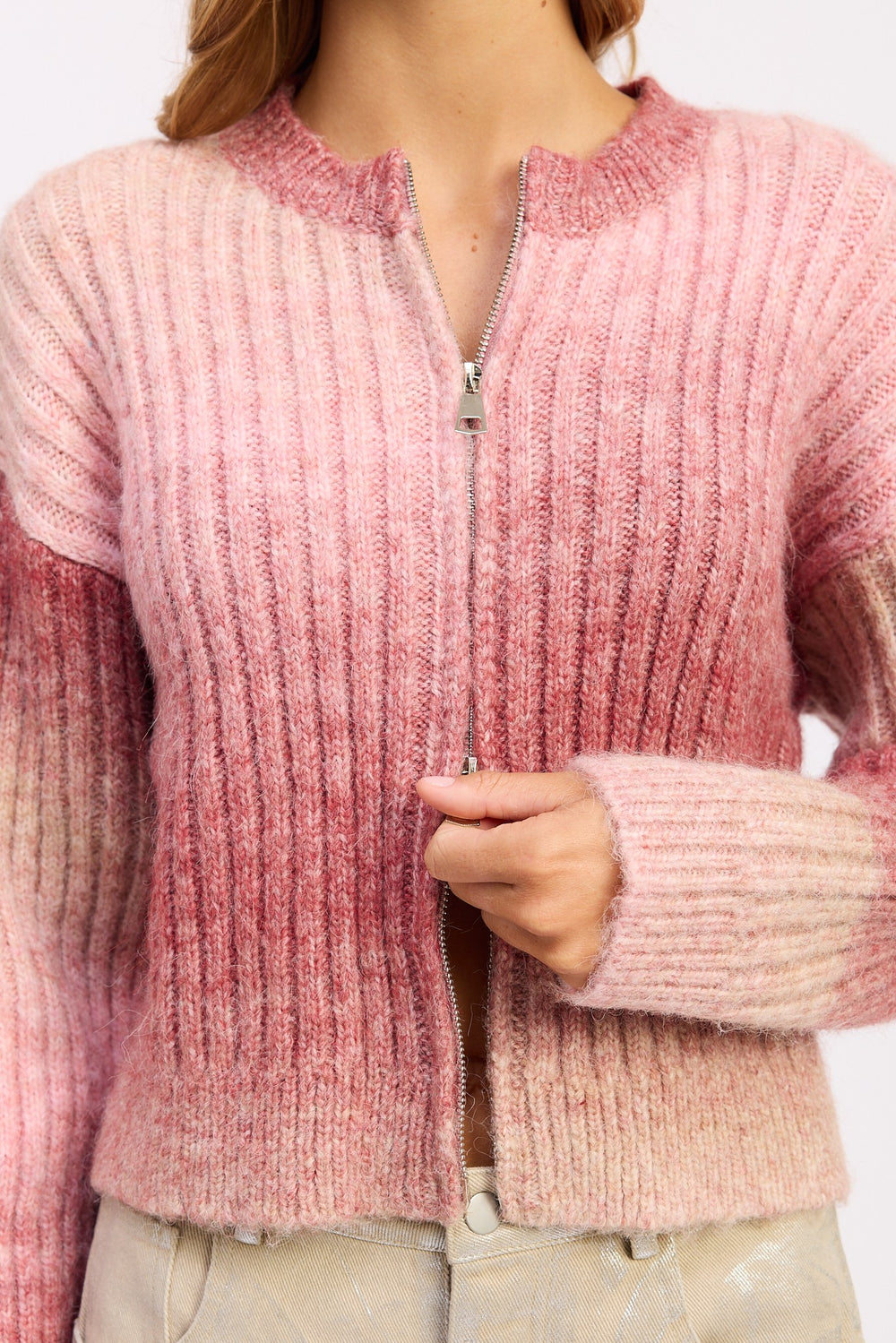 Ombre ribbed knit cardigan with double zipper - ROSE