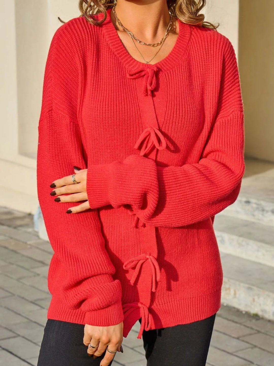 Red Ribbed knit bow-tie button-front cardigan