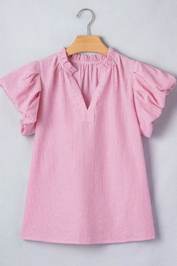 Striped split V-neck blouse with flutter bubble sleeves