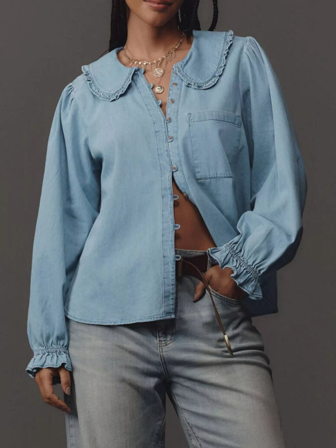 Blue Peter Pan collar ruffled denim shirt with puff sleeves