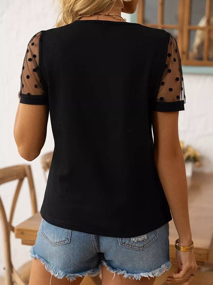 Polka dot mesh sleeve crew neck t-shirt