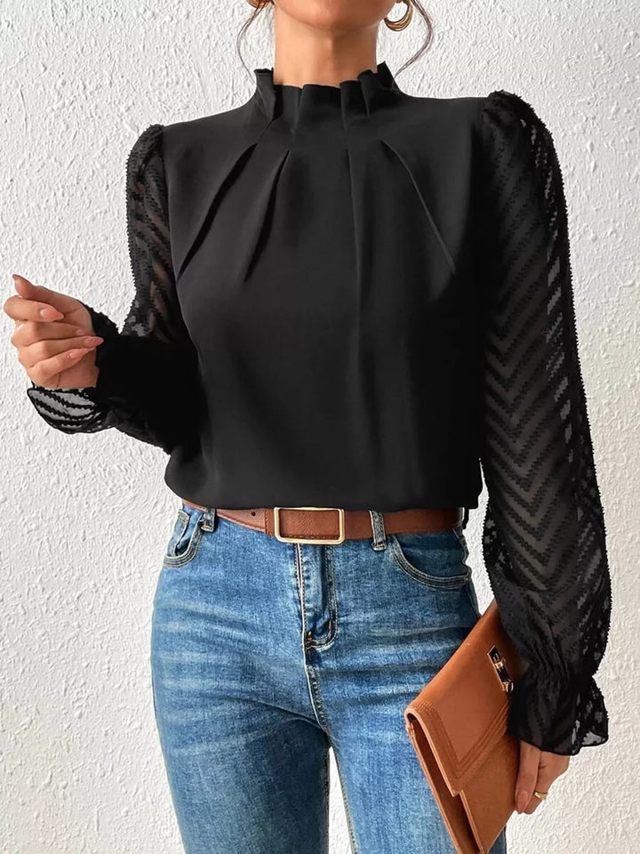 Black Mock neck blouse with sheer textured flounce sleeves