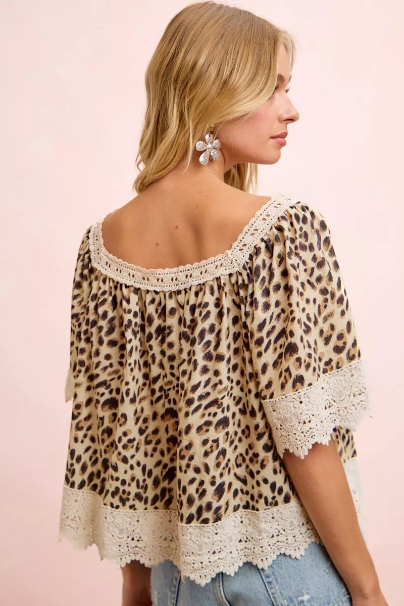 Leopard print square neck top with crochet lace trim