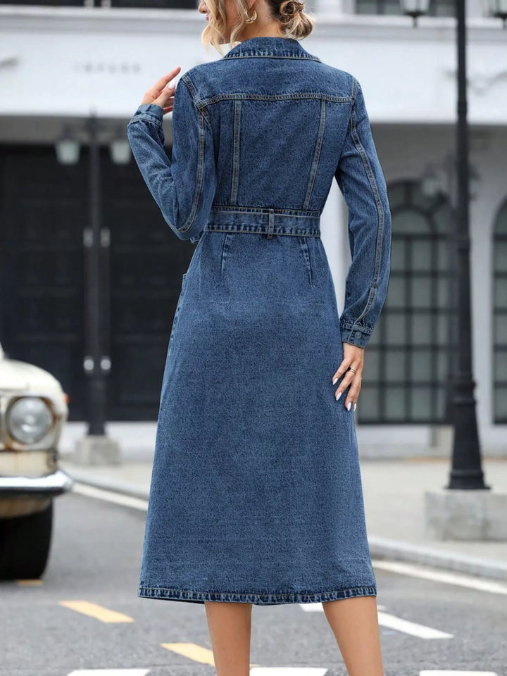 Belted button-front midi denim shirt dress with pockets