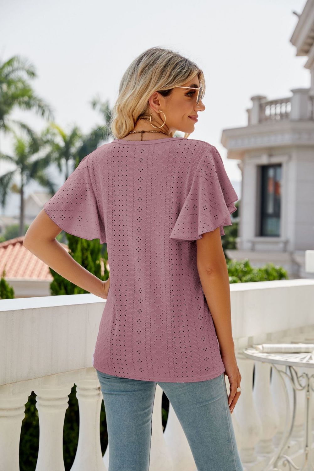 Eyelet knit flutter sleeve round neck top
