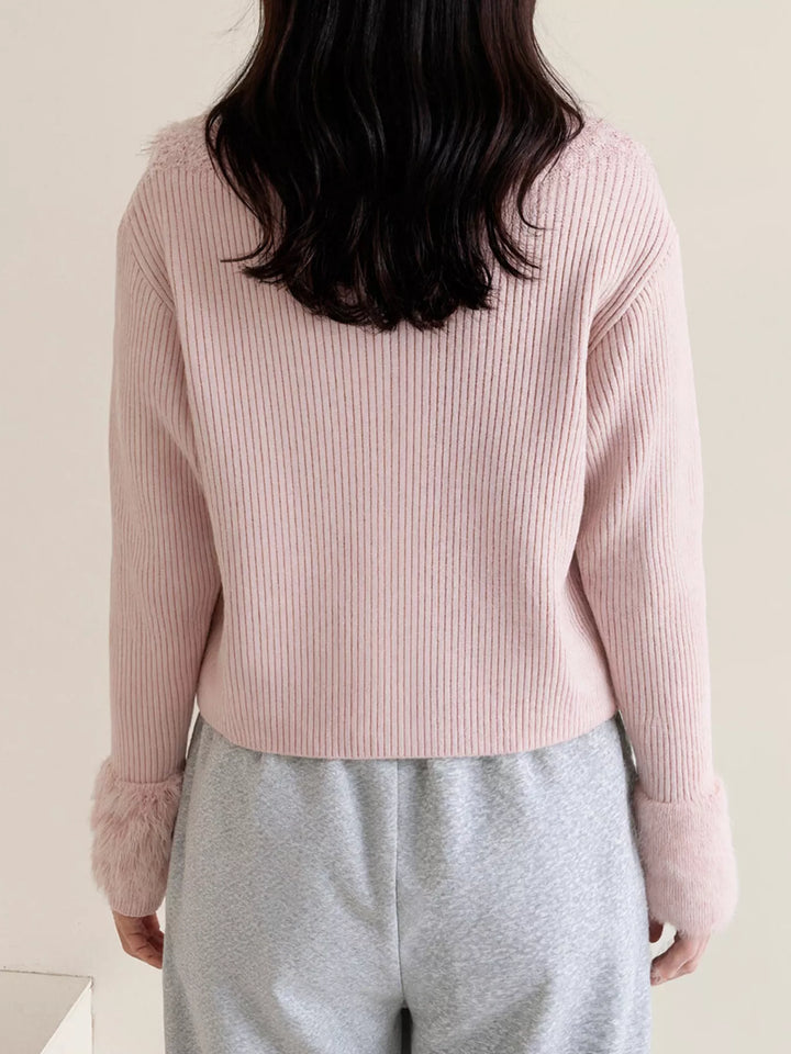 Ribbed knit zip-up cardigan with fluffy faux fur trim