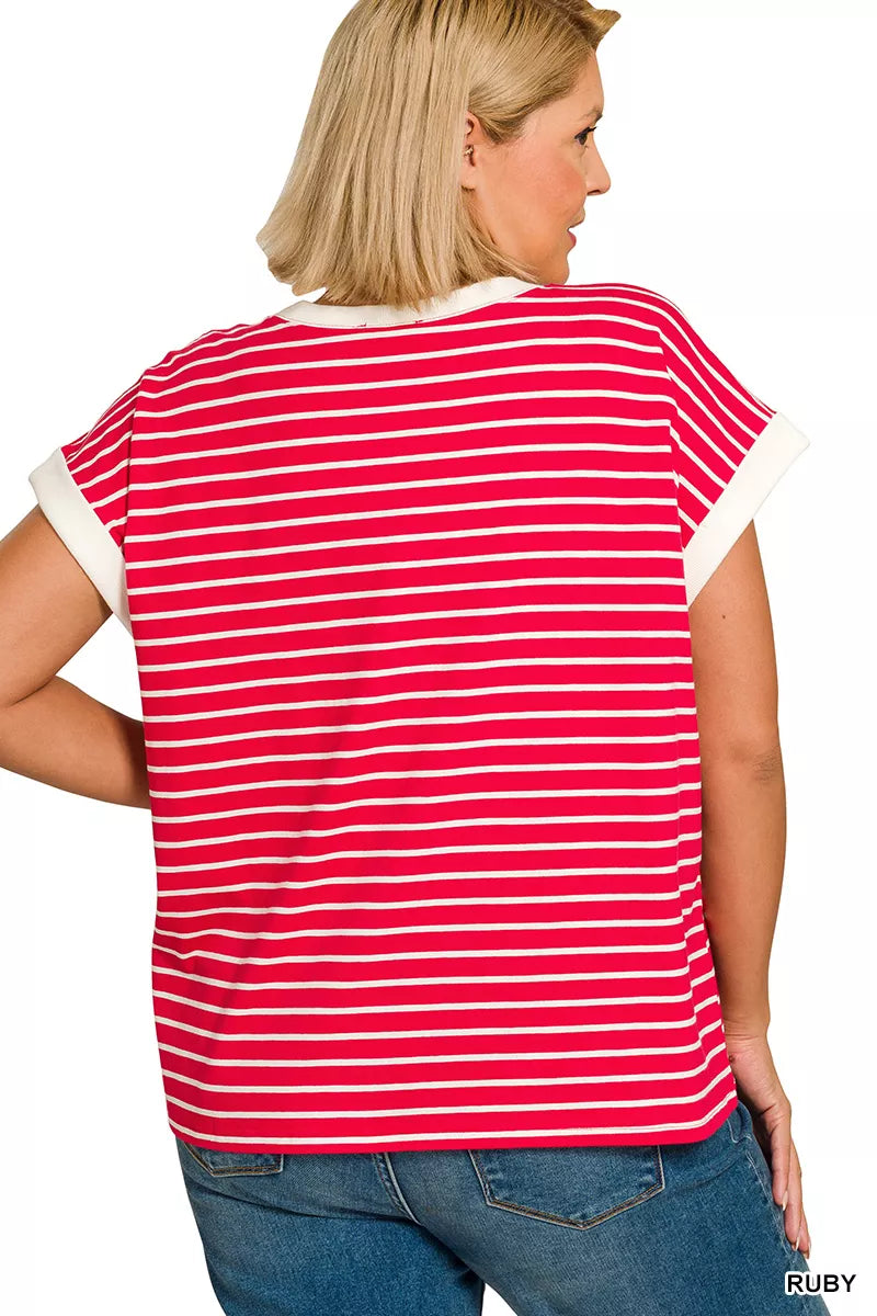 Striped cap sleeve tee with contrast trim