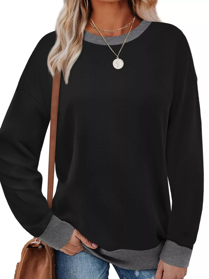 Black Drop-shoulder crew neck sweatshirt with contrast ribbed trim