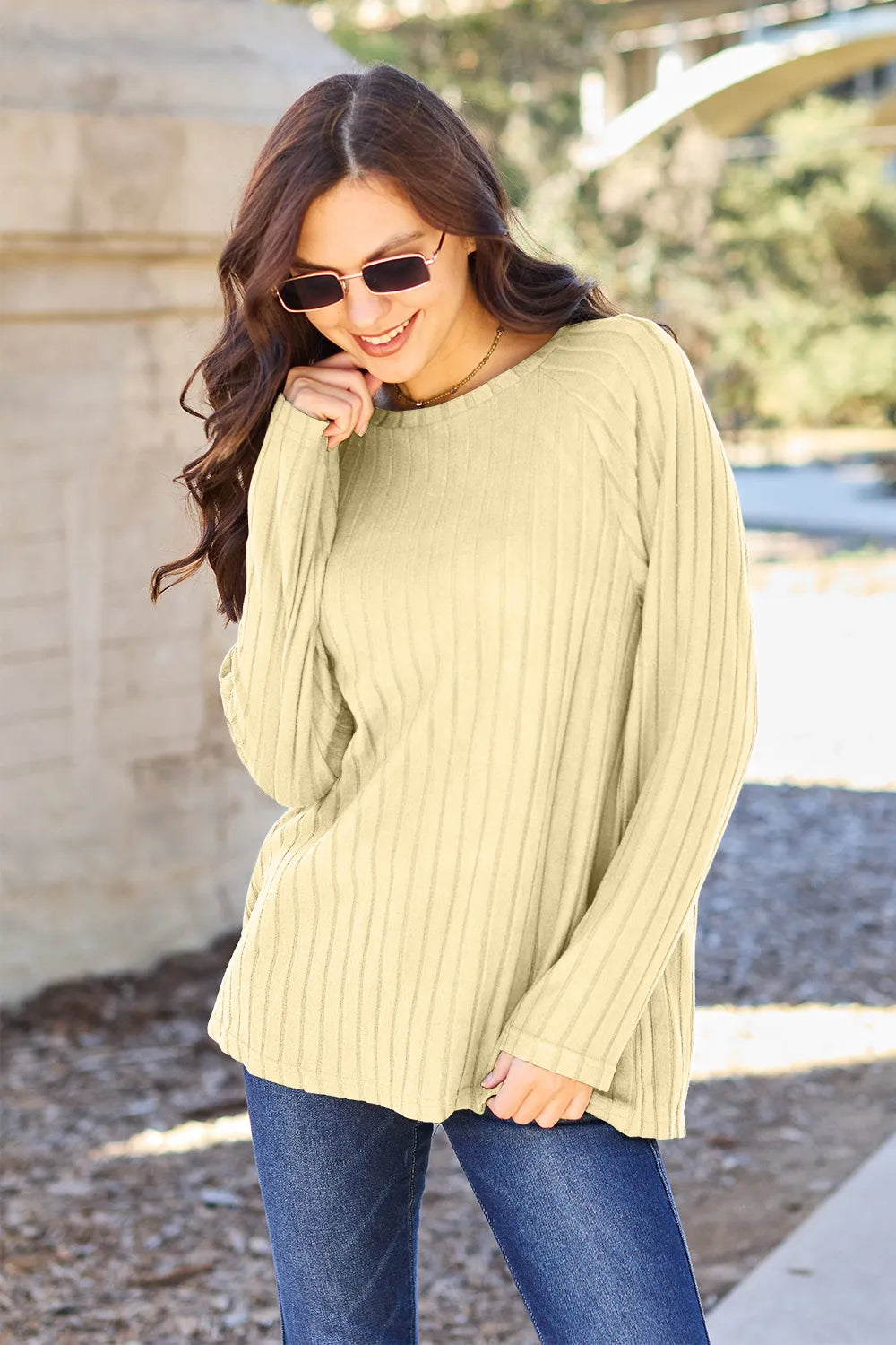 Light Yellow Relaxed ribbed knit round neck long sleeve top