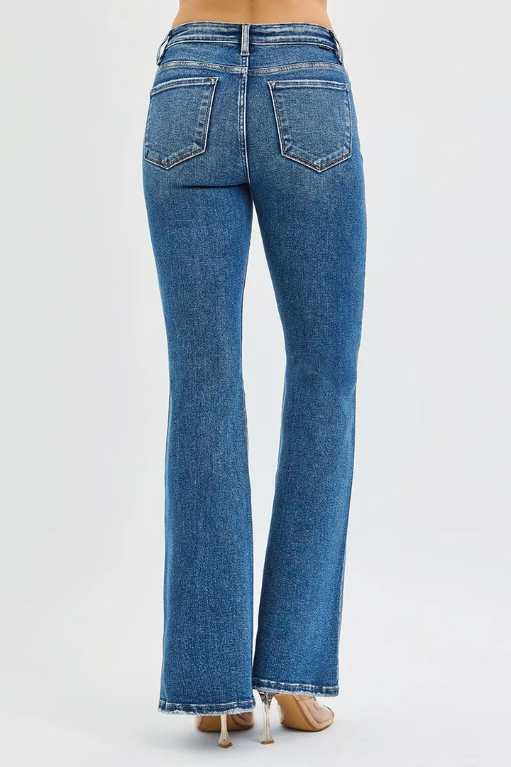 High-rise tummy control flare jeans with distressed waist