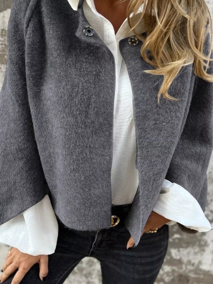 Dropped shoulder fuzzy knit button-front cardigan