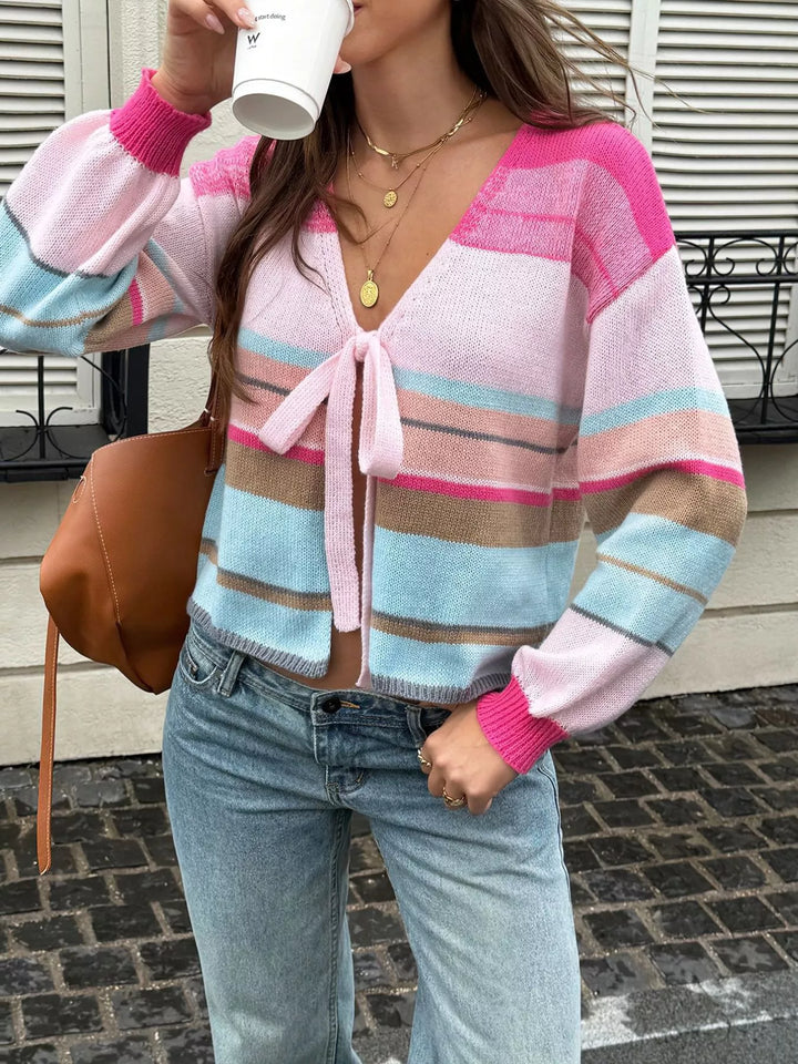 Multicolor Striped tie-front knit cardigan with ribbed trim