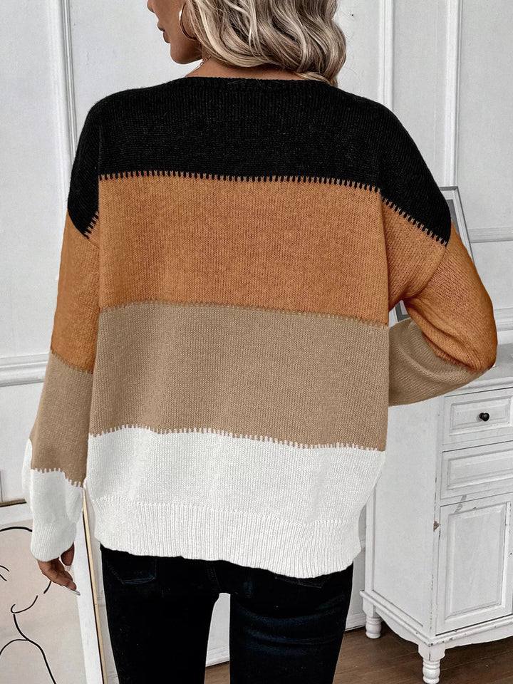 Color block round neck knit pullover sweater