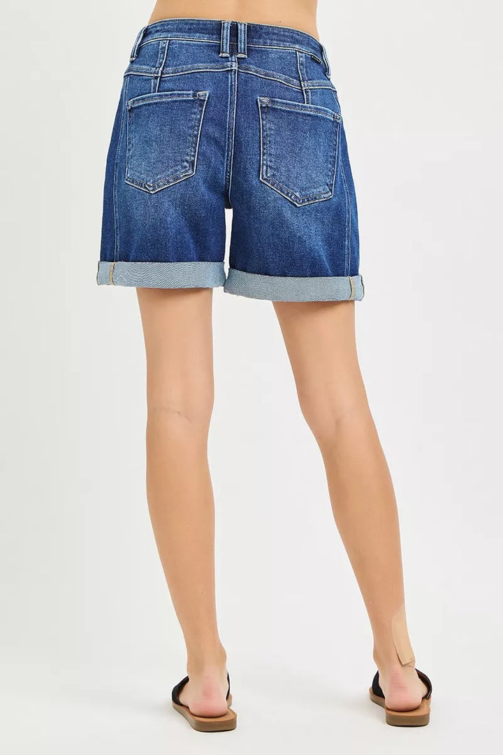 High-rise double-button seamed cuffed denim shorts