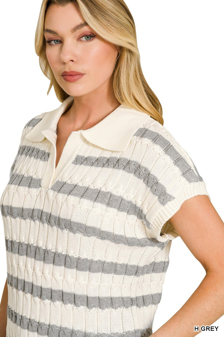 Striped ribbed knit collared short-sleeve sweater