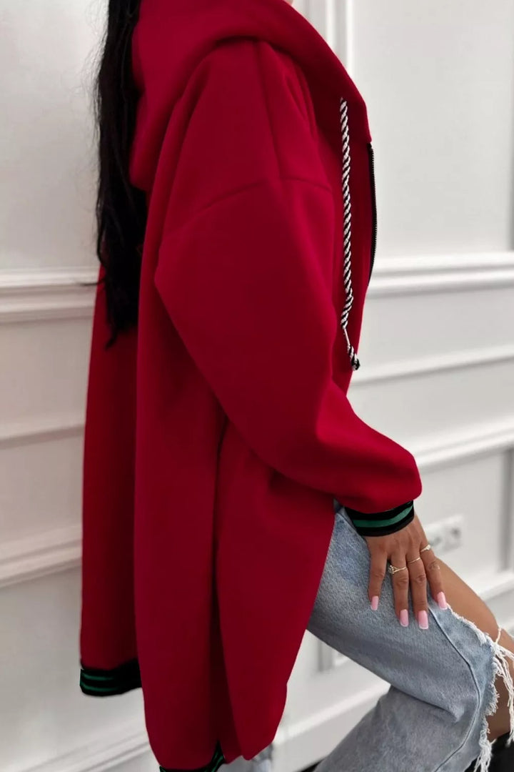 Drop shoulder zip-up hoodie with contrast striped cuffs