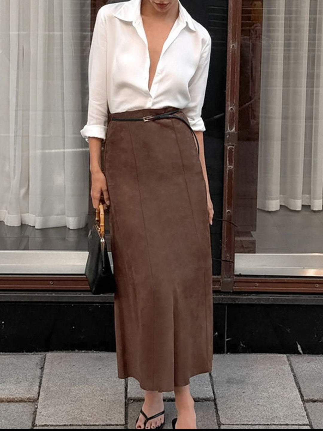 Faux suede high-waist straight midi skirt