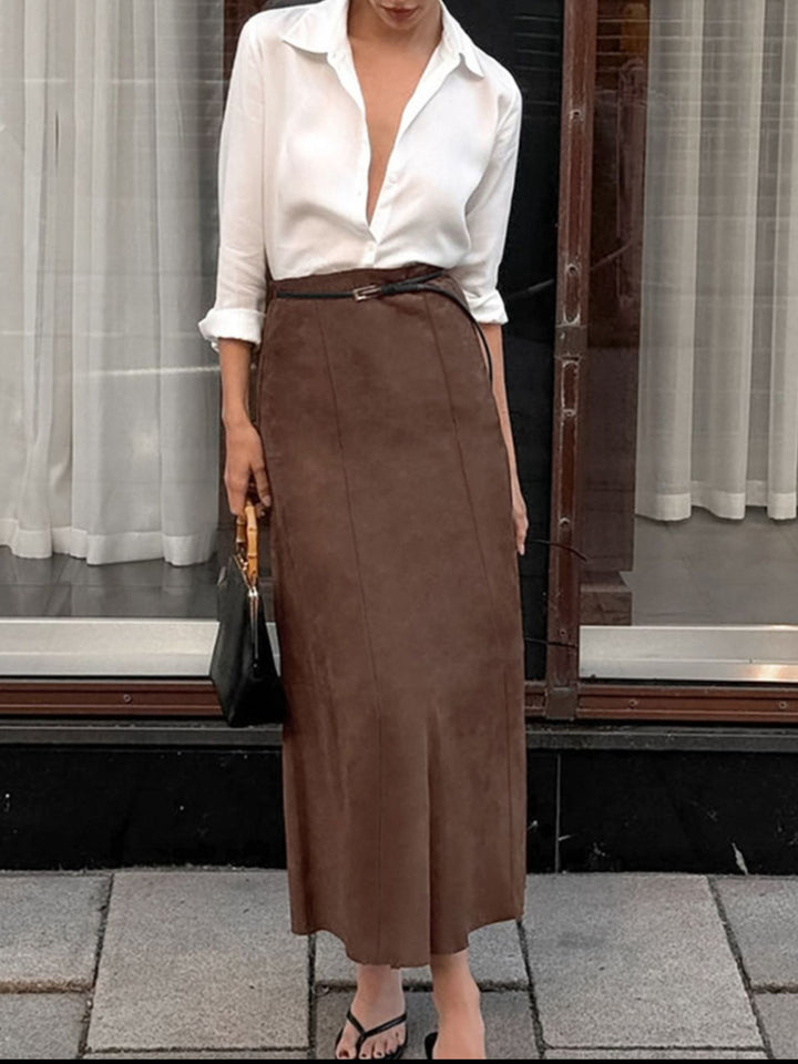 Faux suede high-waist straight midi skirt