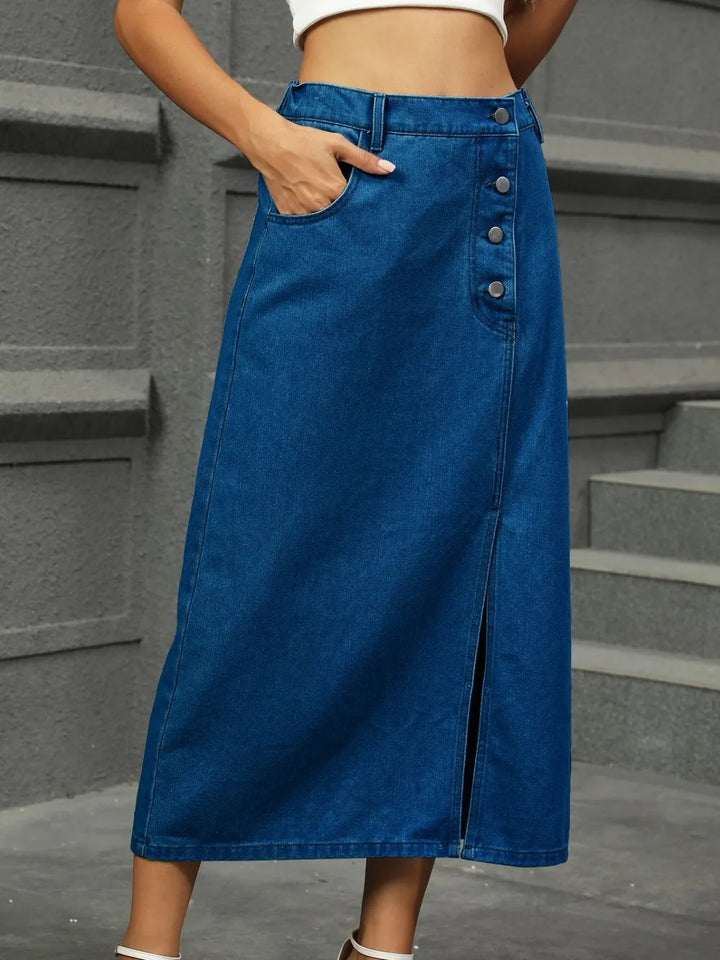 Dark Asymmetrical button-detail denim midi skirt with front slit