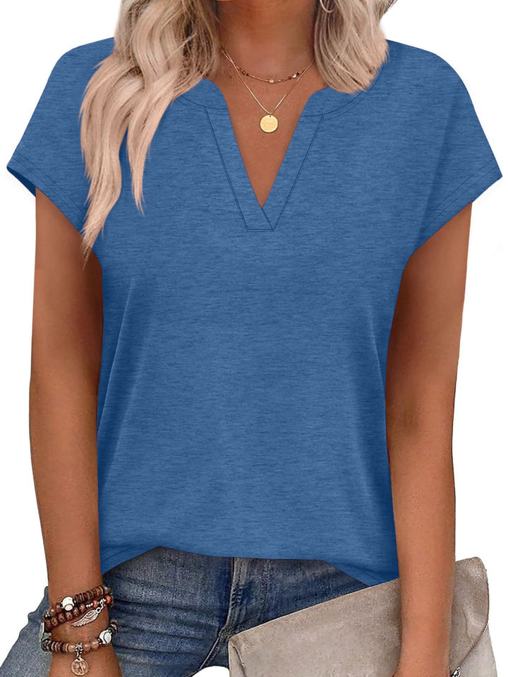 Notched V-neck short sleeve relaxed knit top