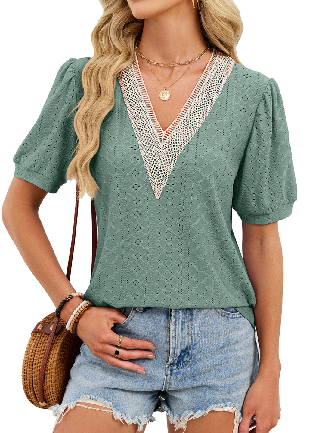 Dark Green Lace-trim V-neck eyelet top with puff sleeves