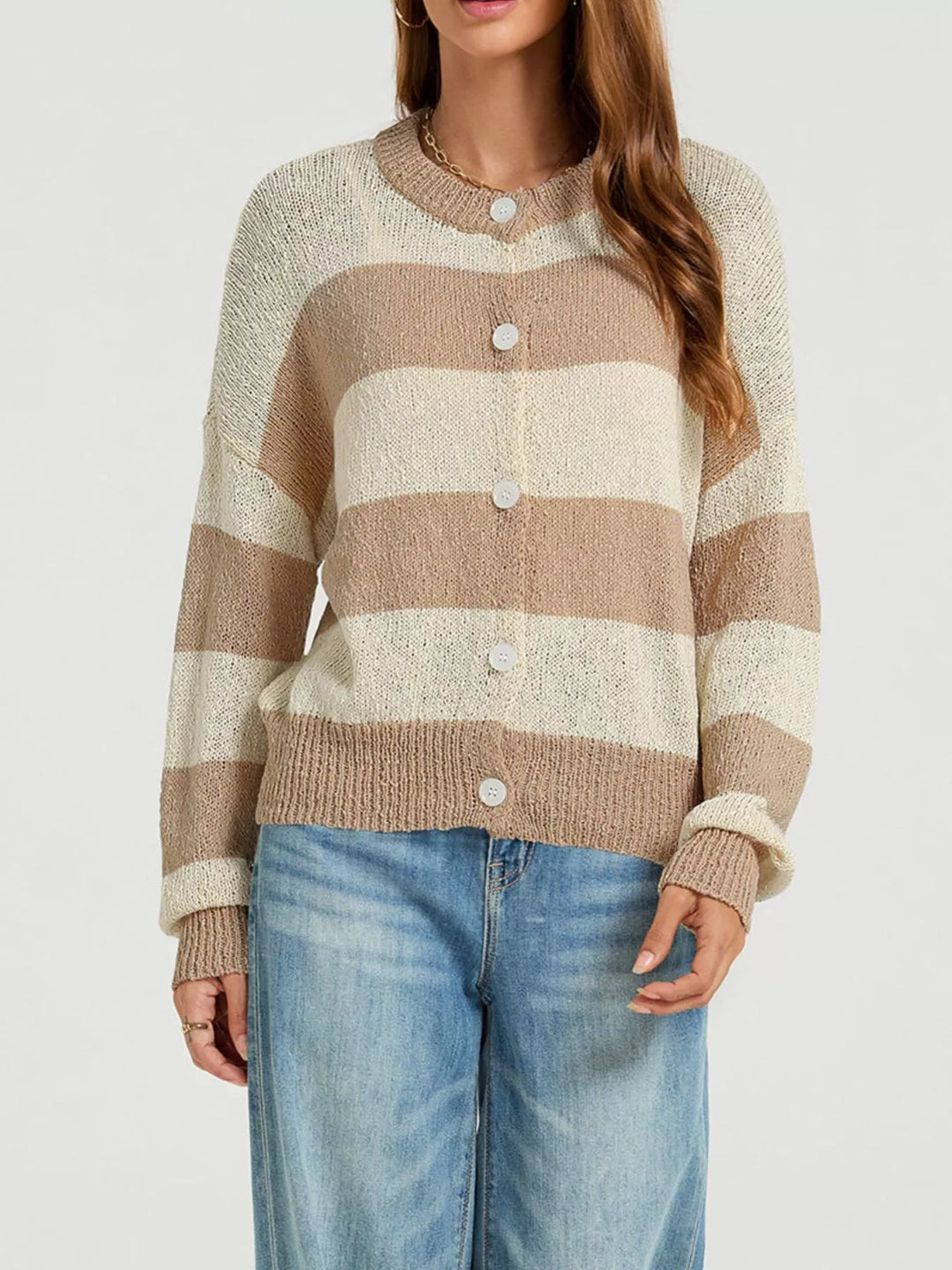 Khaki Wide stripe button-down knit cardigan with ribbed trim