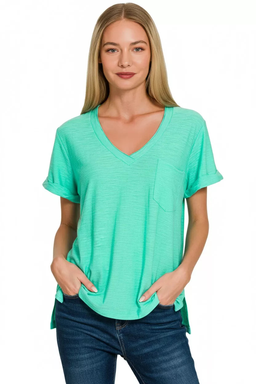 Slub knit rolled-sleeve V-neck pocket tee