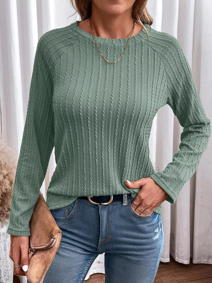 Textured cable-knit crew neck long sleeve top