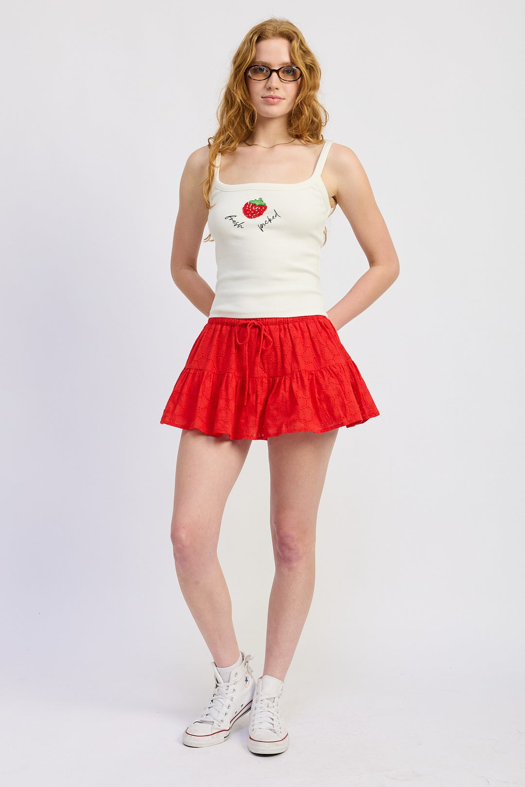 Tiered ruffle mini skort with eyelet embroidery - Red