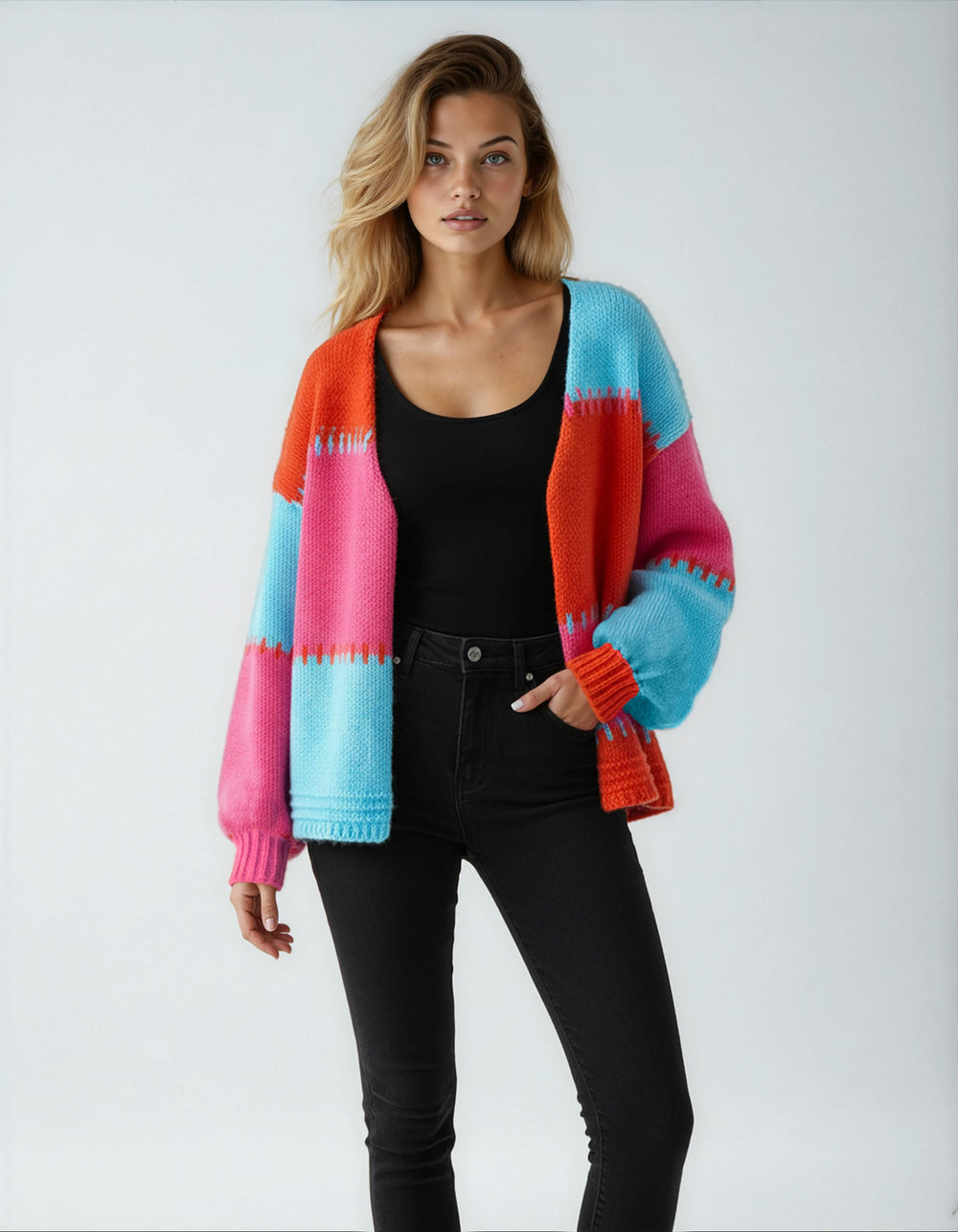 Color-block chunky knit open-front cardigan - ORANGE MULTI