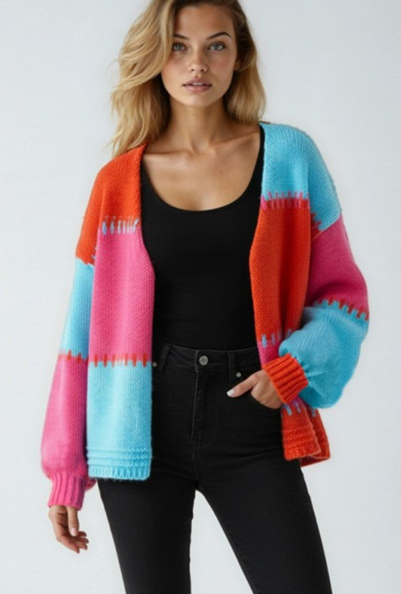 Color-block chunky knit open-front cardigan - ORANGE MULTI