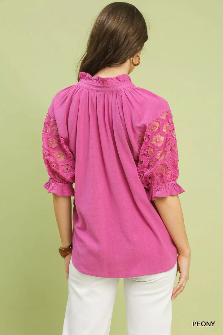 Floral lace puff sleeve top with split v-neck