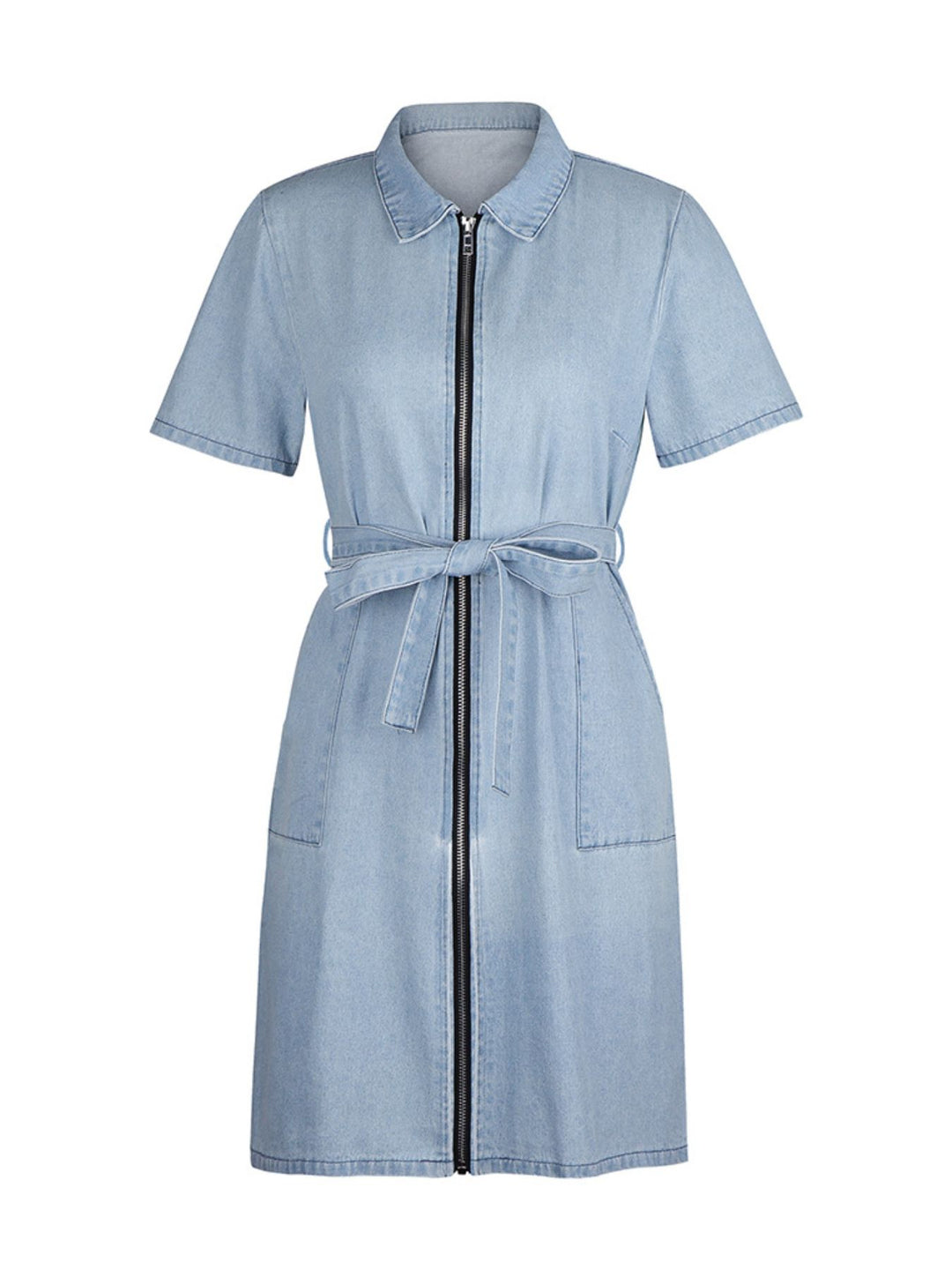 Zip front short sleeve denim mini dress with tie waist