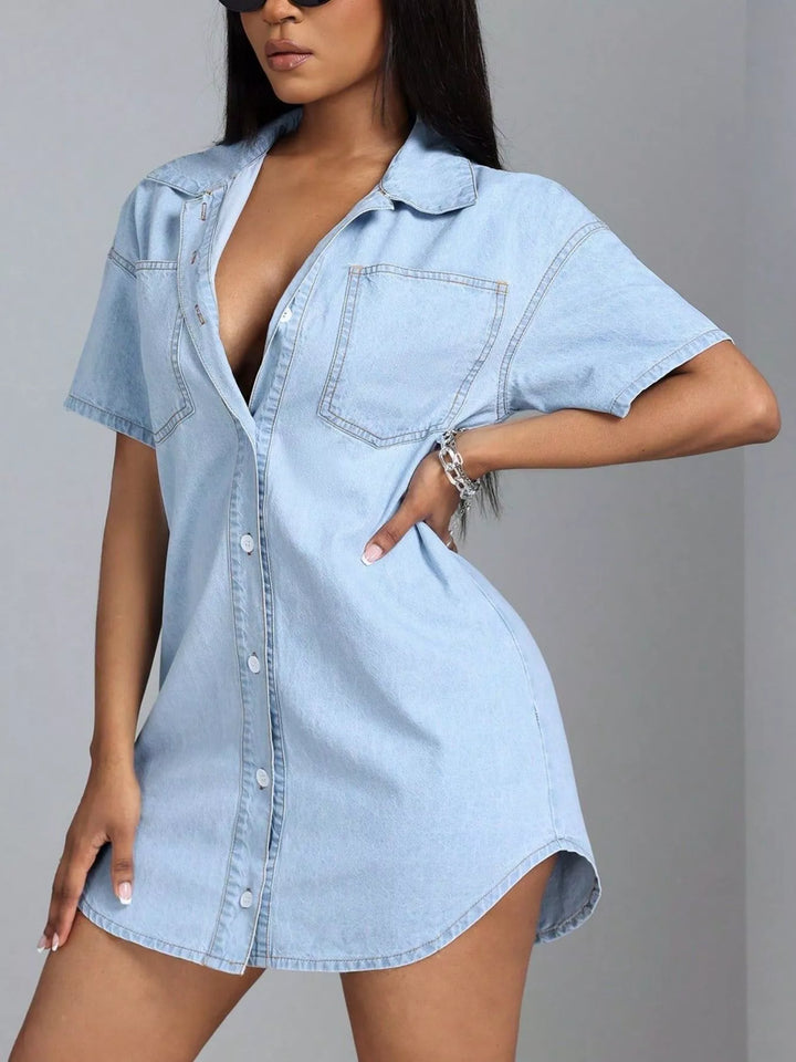 Button-down short sleeve denim shirt mini dress