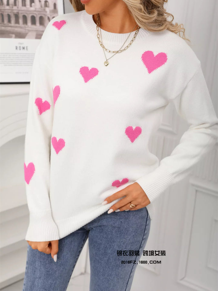 Contrast heart knit crewneck pullover sweater