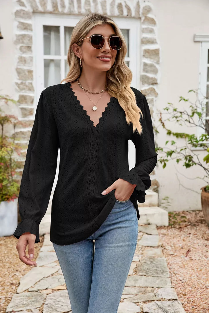 Black Eyelet lace-trim V-neck blouse with flounce sleeves