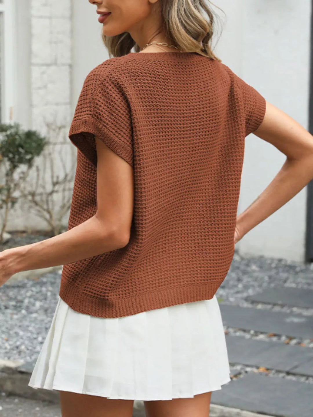 Round neck openwork waffle knit cropped top