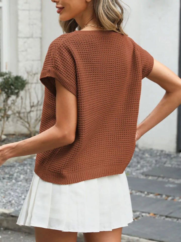 Round neck openwork waffle knit cropped top