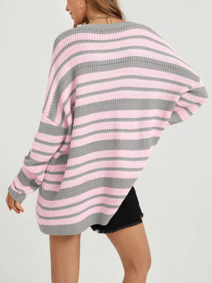 Striped open-knit drop shoulder oversized sweater
