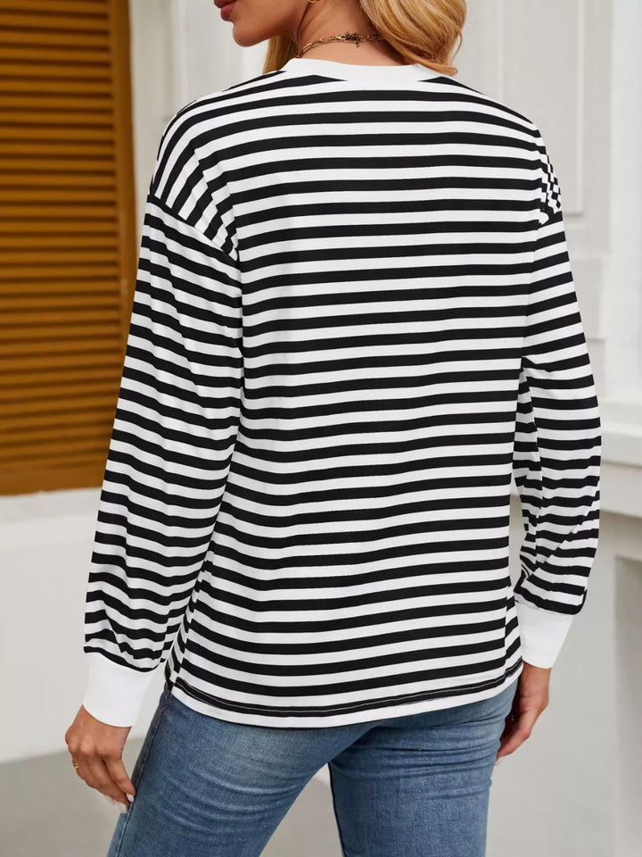Contrast-trim striped long sleeve crew neck top