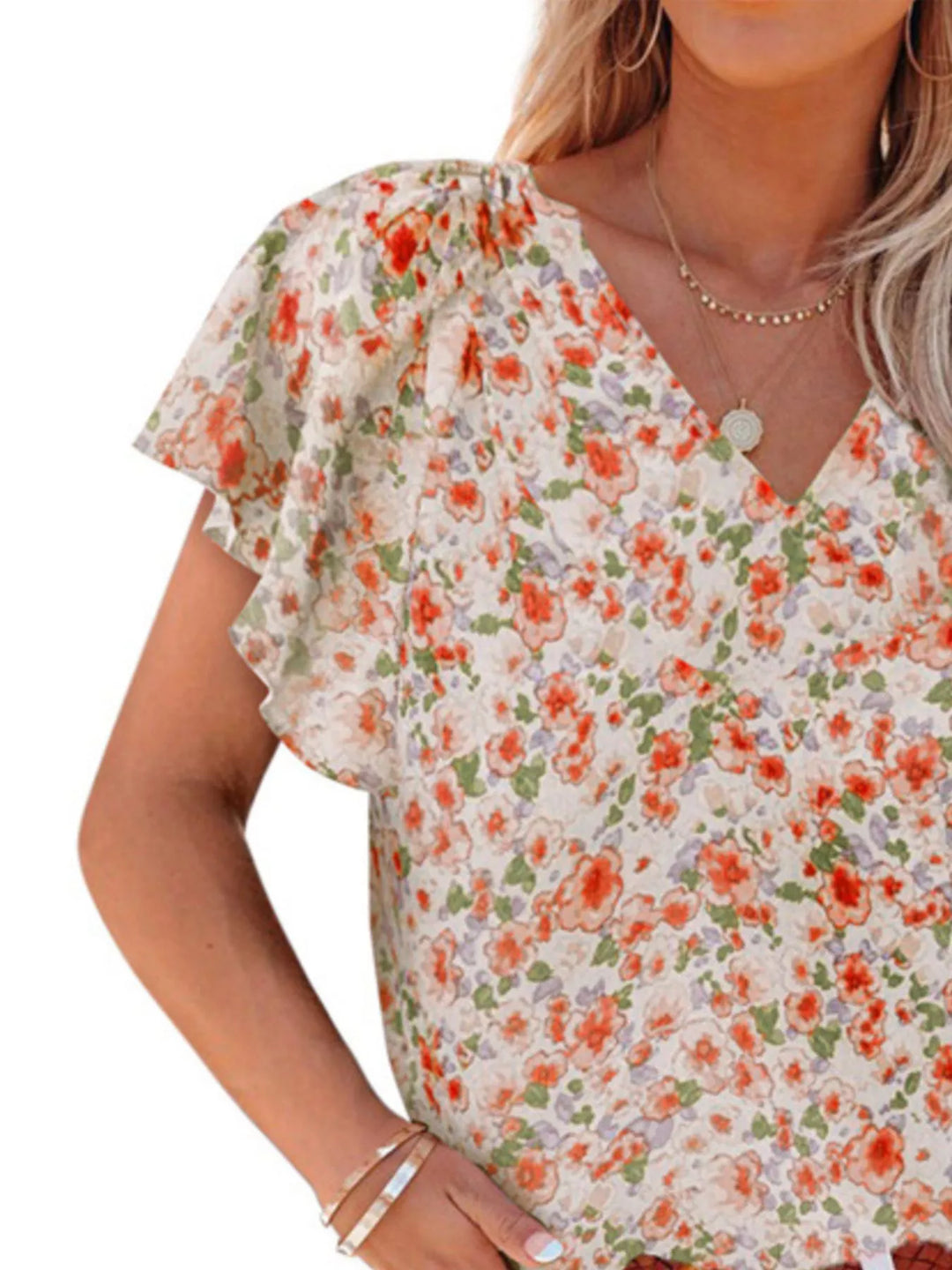 Floral print flutter sleeve V-neck blouse