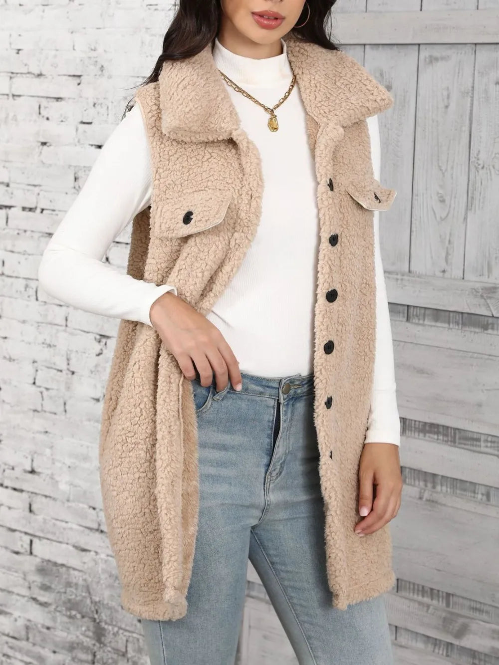 Longline teddy fleece button-front vest with collar
