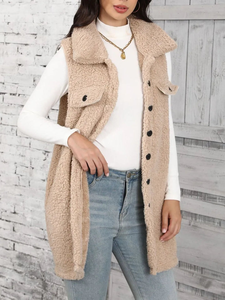 Longline teddy fleece button-front vest with collar