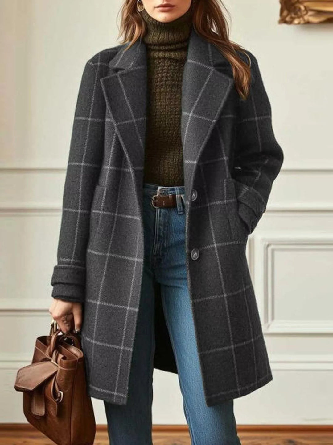 Gray Windowpane plaid longline single-breasted overcoat