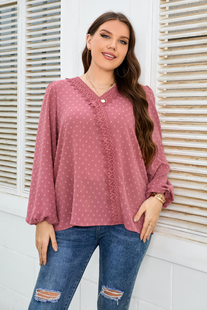 Lace trim V-neck Swiss dot balloon sleeve blouse
