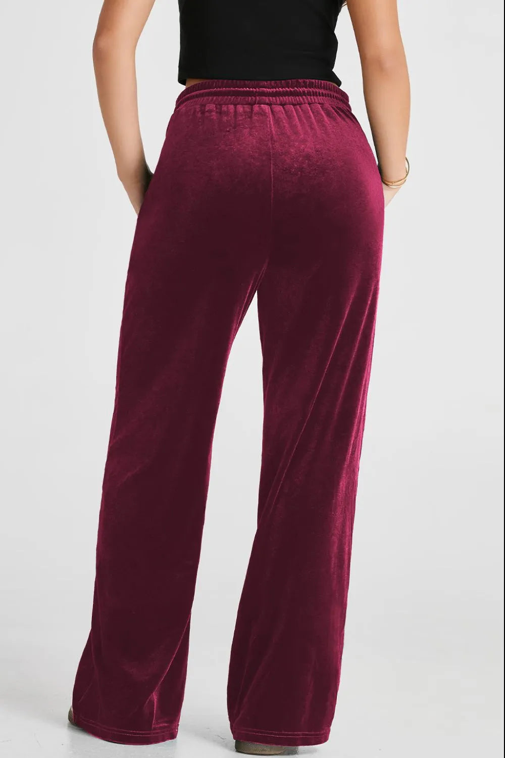 Velvet wide-leg drawstring pants with side pockets