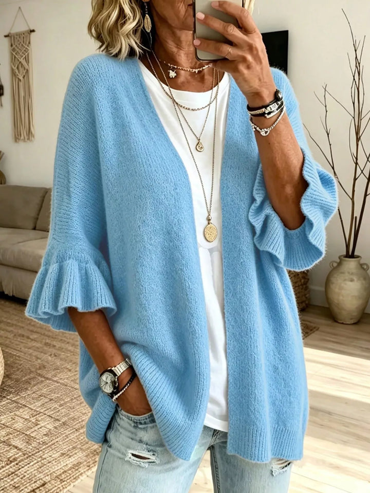 Pastel  Blue Ruffle bell sleeve open-front knit cardigan