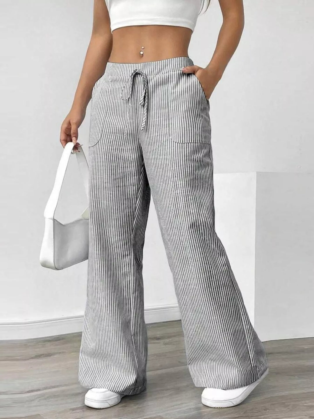 Pinstripe wide-leg pants with drawstring waist
